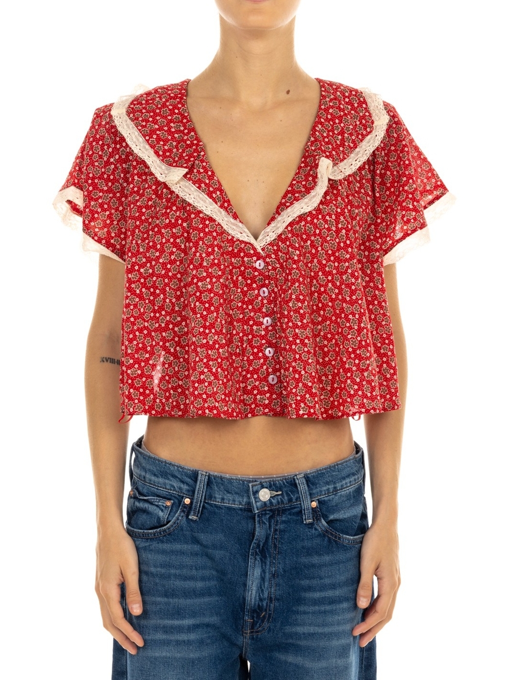 NWT Free People Truly Yours Floral Flutter Top Vintage Red Size Small